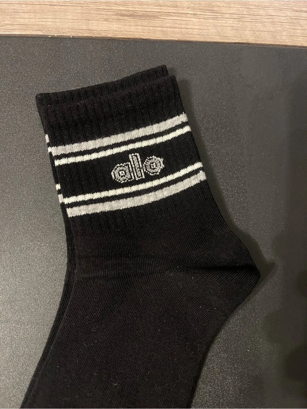 ALO Yoga Black Crew Athletic Socks with White Stripes